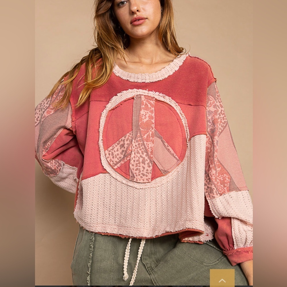 NEW POL Pice Sign Round Neck Long Sleeves Oversized Fit French Terry Top